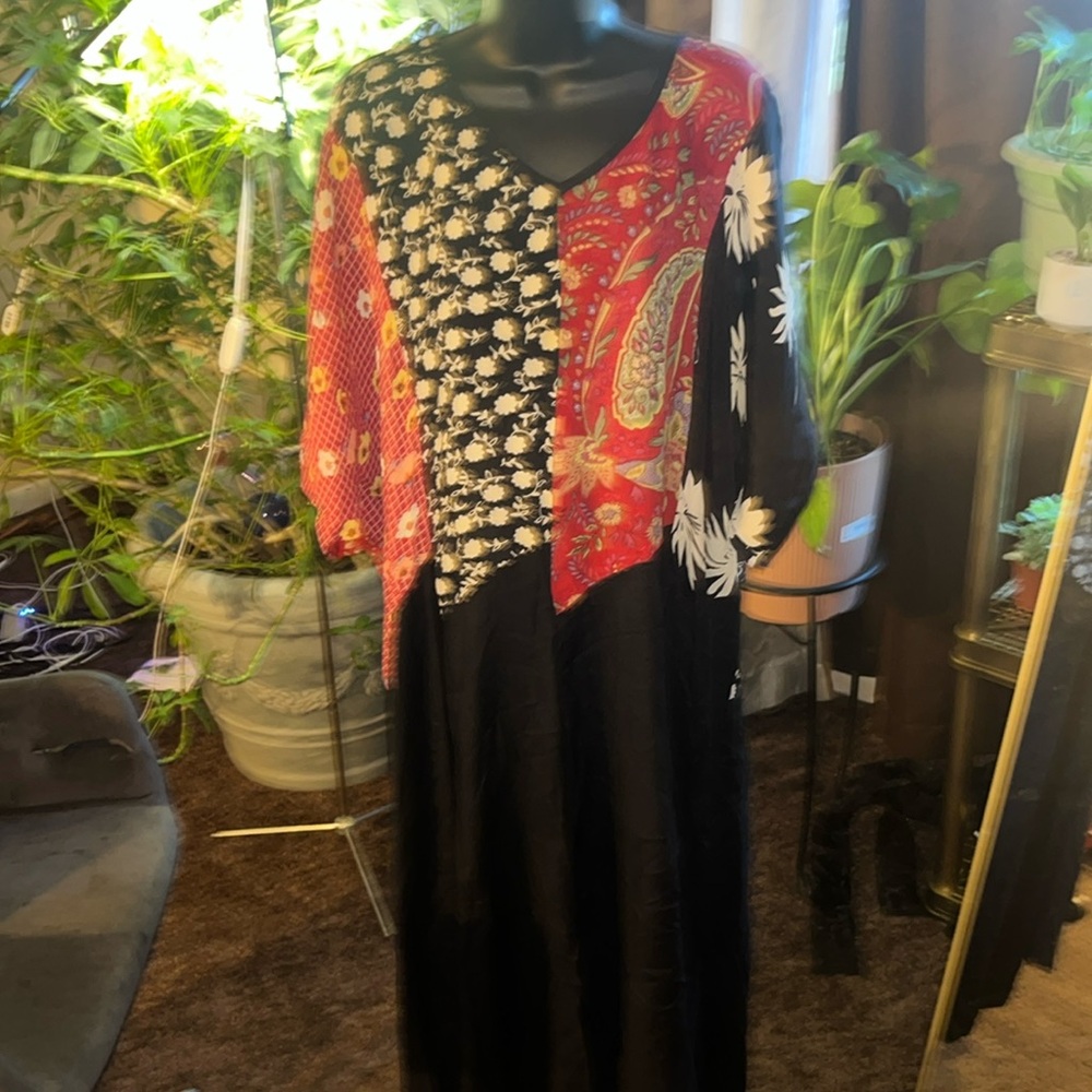 Jewel Queen Vintage Patchwork Crinkle Dress 1X